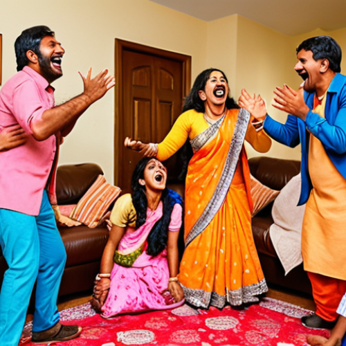 Home 11 A vibrant and warm Indian family gathering in a living room, featuring a chaotic but joyful slapstick scene. Characters have exaggerated, expressive faces and dynamic body movements, evoking widespread, collective laughter. Bright, rich colors and an atmosphere of heartwarming, community-focused humor are central.