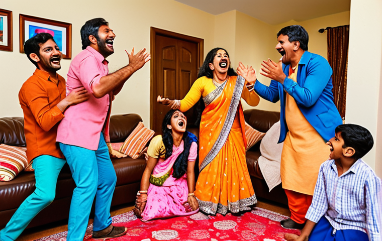 A vibrant and warm Indian family gathering in a living room, featuring a chaotic but joyful slapstick scene. Characters have exaggerated, expressive faces and dynamic body movements, evoking widespread, collective laughter. Bright, rich colors and an atmosphere of heartwarming, community-focused humor are central.