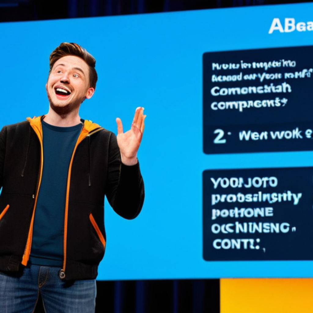 아시아 스탠드업 코미디의 미래 - Tech-Savvy Comedian**

"A young, fully clothed comedian on a brightly lit stage, interacting with a ...