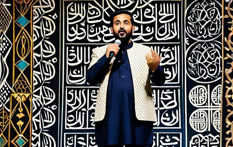 아시아 스탠드업 코미디의 미래 - Tech-Savvy Comedian**

"A young, fully clothed comedian on a brightly lit stage, interacting with a ...