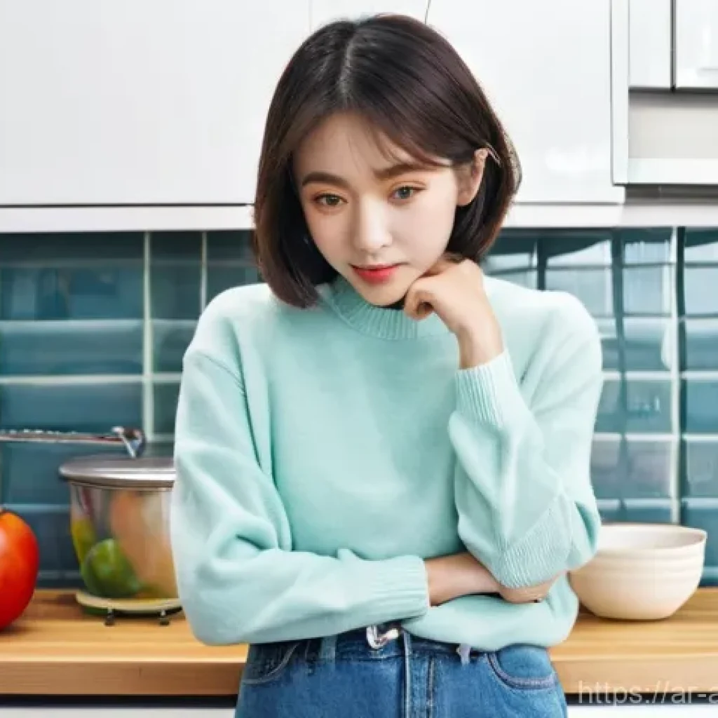 아시아 개그 유행어 사전 - **Prompt 1: "Aigoo!" - Comical Frustration in a Korean Kitchen**
    "A young woman in her mid-20s, ...