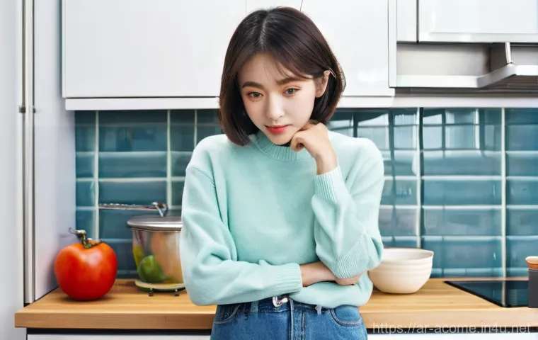 아시아 개그 유행어 사전 - **Prompt 1: "Aigoo!" - Comical Frustration in a Korean Kitchen**
    "A young woman in her mid-20s, ...