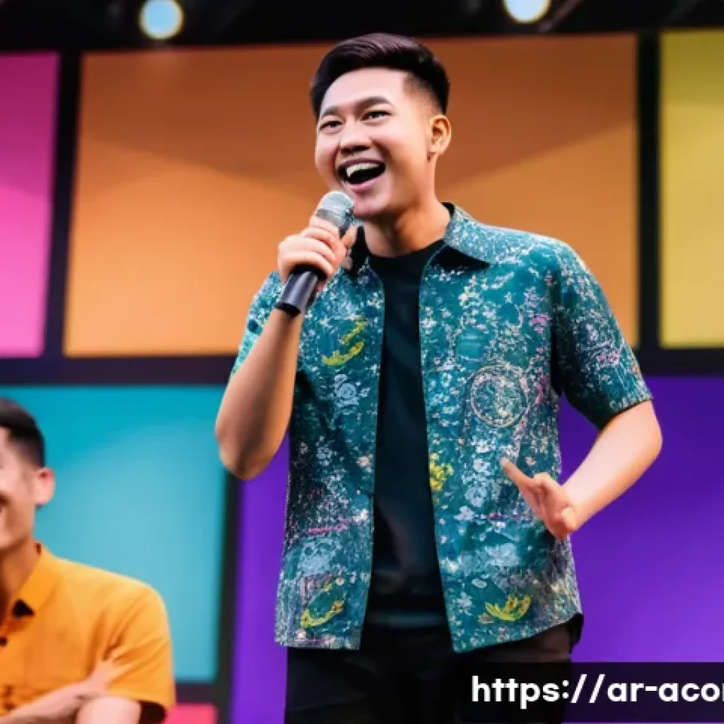 아시아 코미디언 인터뷰 분석 - A vibrant stage scene featuring an Asian comedian performing live comedy with a diverse audience in ...