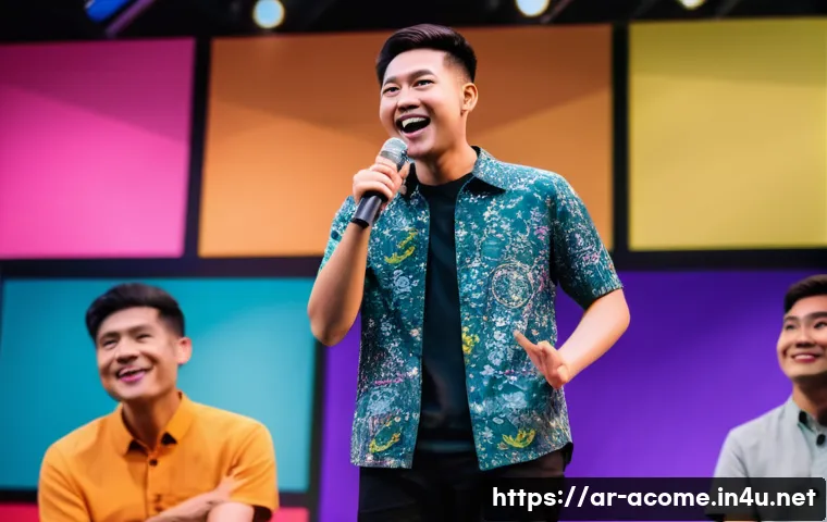 아시아 코미디언 인터뷰 분석 - A vibrant stage scene featuring an Asian comedian performing live comedy with a diverse audience in ...