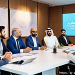 Home 22 오카무라 타카시 프로필과 활동 - A modern Arab office environment showing a confident Middle Eastern business leader in formal attire...