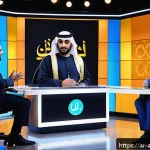 Home 20 다운타운 출연 프로그램 분석 - A dynamic Arabic TV studio scene featuring a diverse group of young Arab presenters engaging in a li...