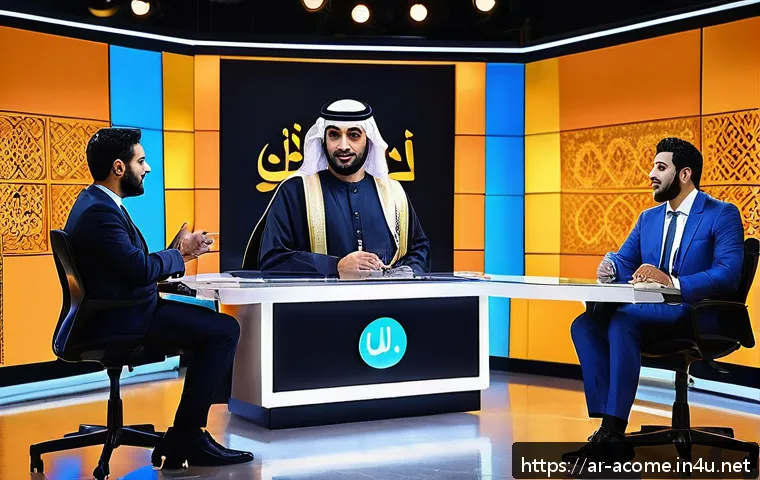 다운타운 출연 프로그램 분석 - A dynamic Arabic TV studio scene featuring a diverse group of young Arab presenters engaging in a li...