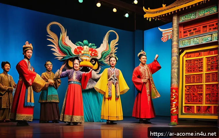 홍콩 코미디 영화 전설 - A vibrant Hong Kong comedy film set inspired by traditional Cantonese opera, featuring actors in col...