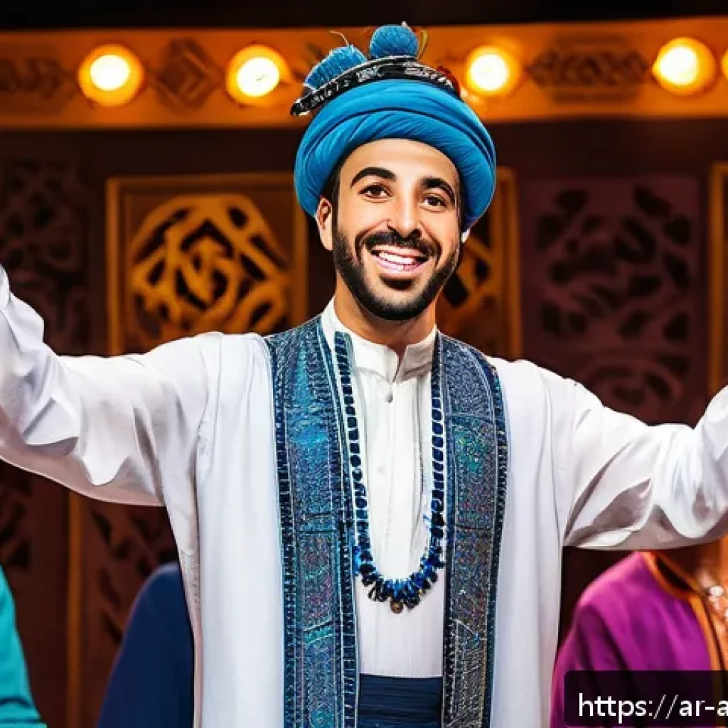 필리핀 코미디언 조세이 아스칼라니 - A lively Middle Eastern comedy stage scene featuring a male comedian engaging spontaneously with a d...