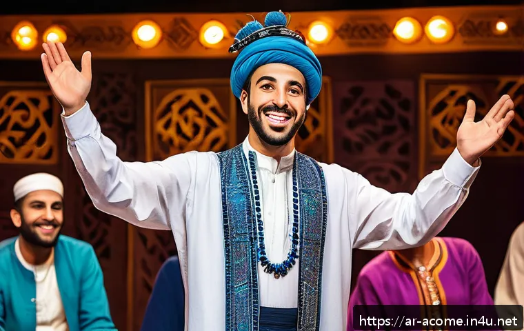 필리핀 코미디언 조세이 아스칼라니 - A lively Middle Eastern comedy stage scene featuring a male comedian engaging spontaneously with a d...