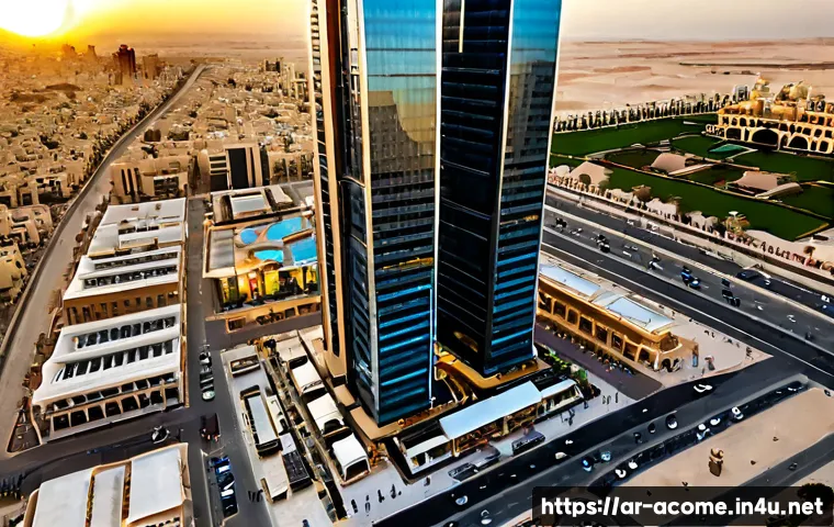 Home 17 다운타운의 영향력 - Photorealistic aerial view of a thriving modern downtown in a Gulf Arab city at golden hour, sleek t...